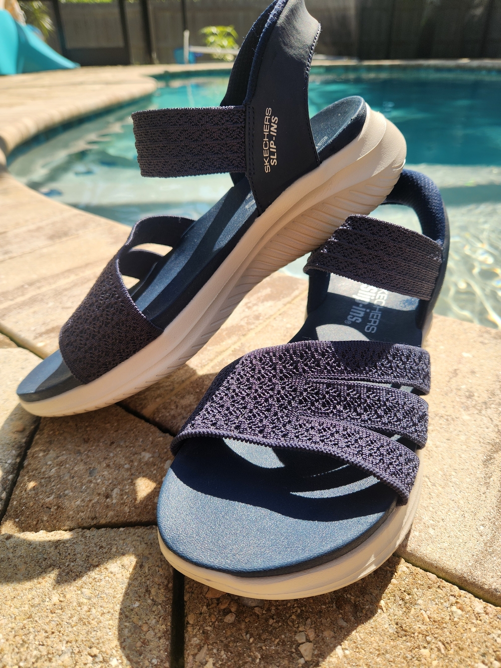 Skechers Slip-Ins 3-Strap Sandals Blue & White Women’s Sport Sz 8